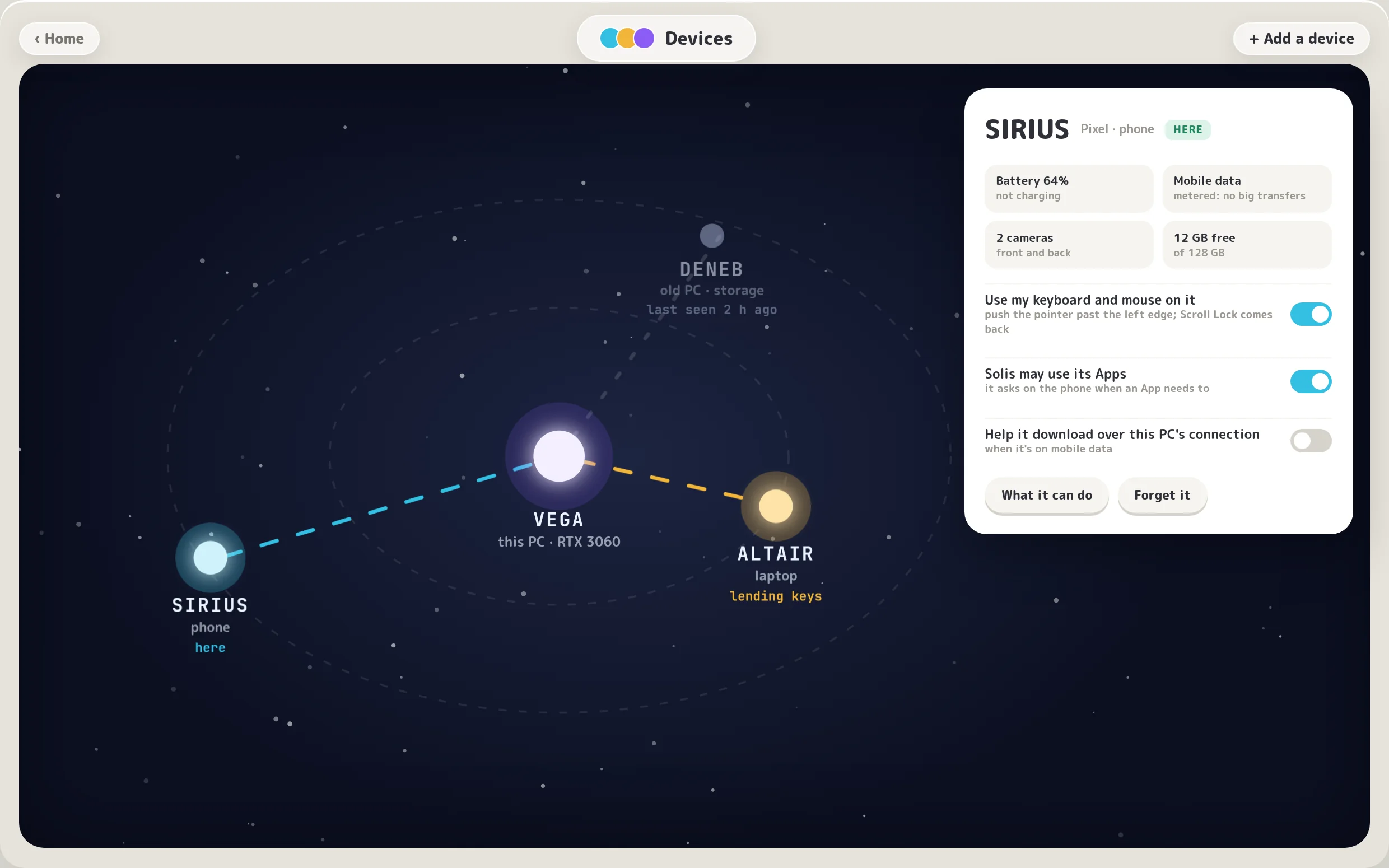 Telescope's sky: VEGA, this PC, at the centre, with SIRIUS, a phone, and ALTAIR, a laptop, in orbit, and SIRIUS's card showing what it can lend