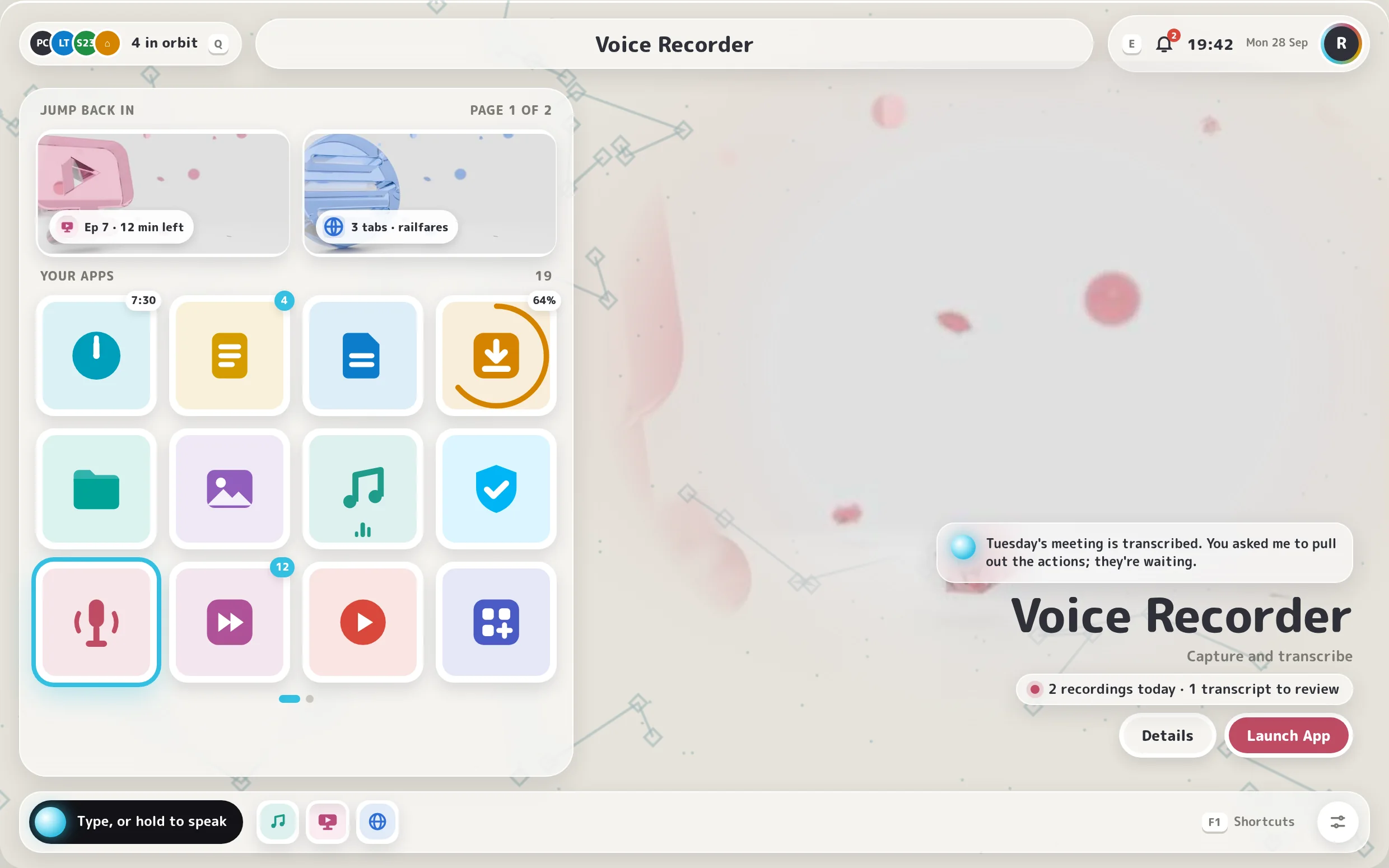 POLARIS's Home: devices in orbit, Jump back in, the Apps, the Voice Recorder's preview with a note from Solis, and the speak bar