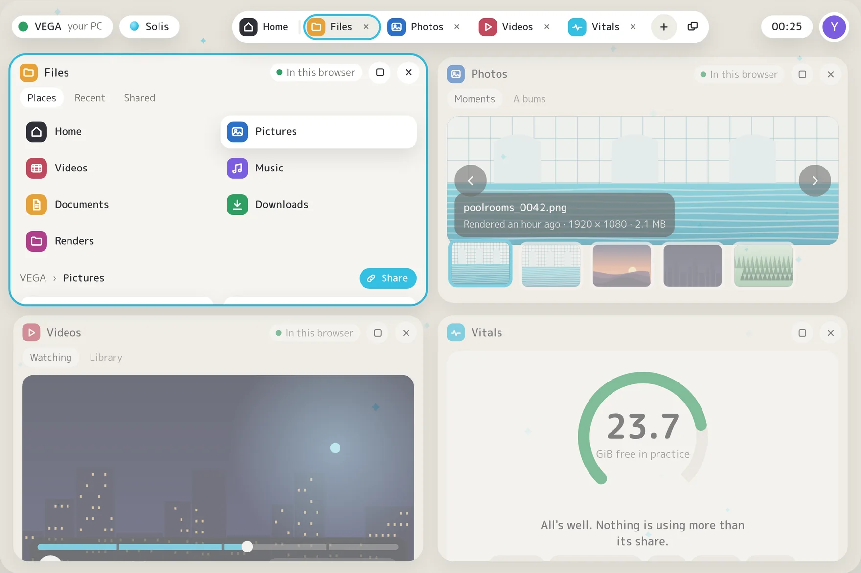 PRISM in a browser: Files, Photos, Videos and Vitals tiled side by side