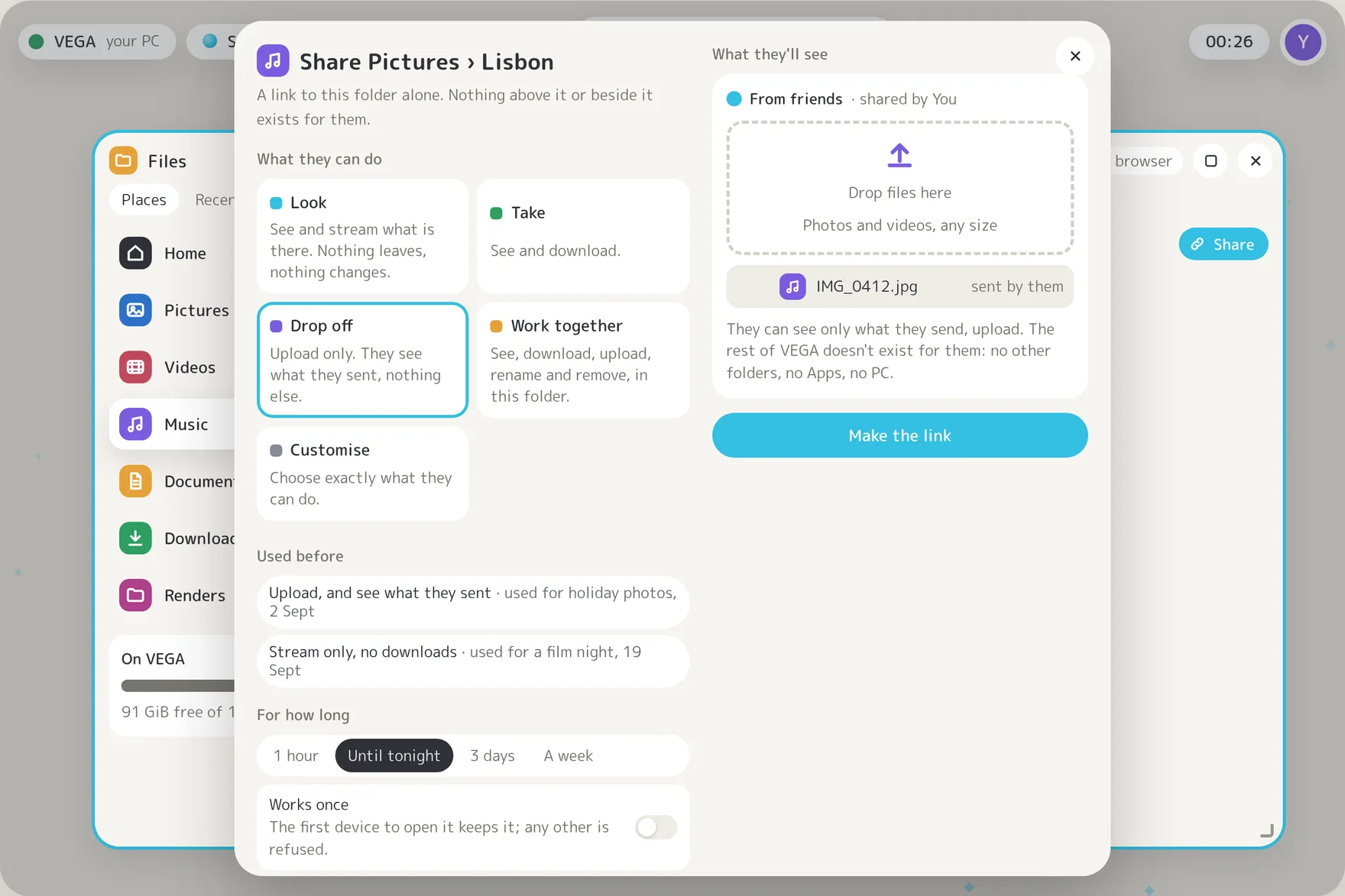 PRISM's share dialog: one folder, for three days